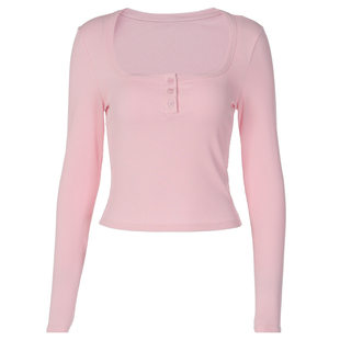 shemoda日常纽扣半开方领长袖T恤女秋季百搭高腰修身显瘦辣妹上衣