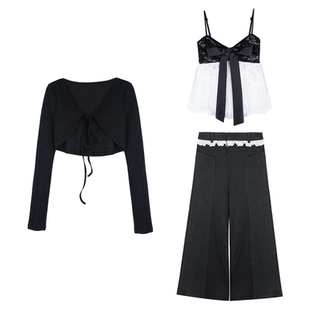 黑糖酒心 撞色蕾丝网纱花苞吊带上衣系带长袖开衫两件套花边长裤