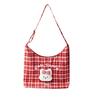 畹町复古红格纹帆布包女秋冬大容量上课布袋子萌宠小狗单肩托特包