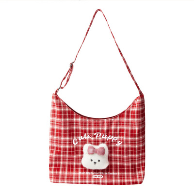 畹町红格纹长毛狗磨毛帆布托特包