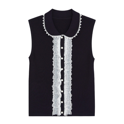 bebe2026夏季新款女士甜美俏皮娃娃领蕾丝织带无袖针织上衣230305