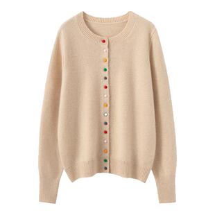 韩系圆领彩色纽扣羊绒开衫女秋冬新款长袖宽松毛衣外套羊毛针织衫