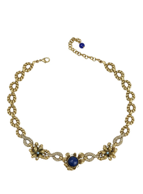 中古vintage宫廷风项链铜镀复古浮雕树叶水钻镶钻深蓝花朵毛衣链