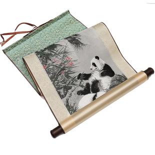 蜀锦中华瑰宝熊猫卷轴画书房客厅挂件工艺品送老外出国中国风礼物