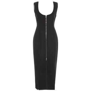 RECTO女士性感沙漏廓形汤勺领拉链设计天然亚麻黑白两色连衣裙