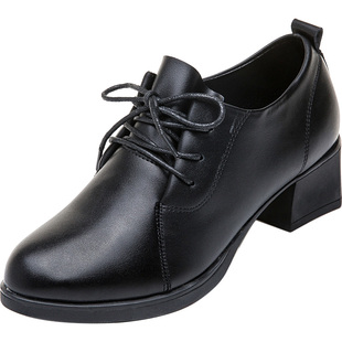 秋冬季圆头银行工作鞋女黑色皮鞋软底舒适中跟上班高跟鞋粗跟女鞋