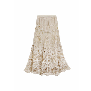 有耳uare小众设计 原野花语  重工镂空蕾丝钩花纯棉半身裙长裙