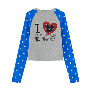 出逃赤岗西 爱心印花波点撞色插肩长袖T恤女春秋慵懒修身圆领上衣