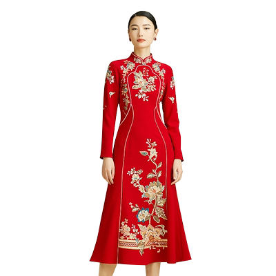 刺绣旗袍礼服鱼尾连衣裙