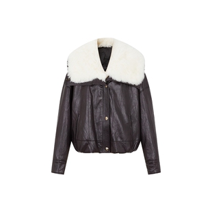 none 羊皮毛领短款皮衣羽绒服女2025冬季新款机车风气质百搭外套