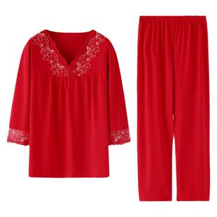 大红色睡衣女士春秋季纯棉长袖本命年薄款中年宽松大码高档家居服