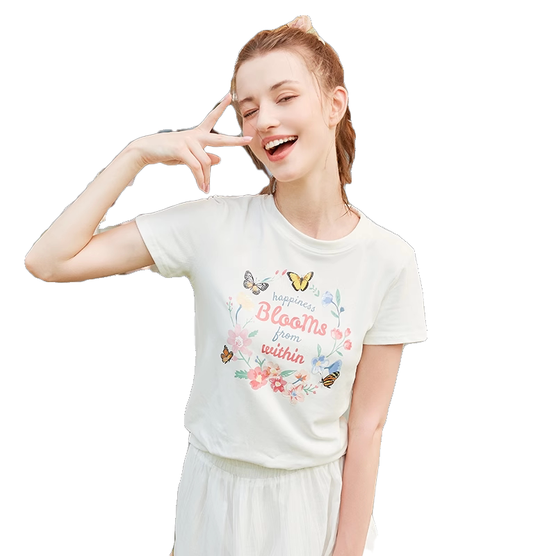 蝴蝶花环印花正肩短袖女t恤
