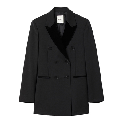 sandro绒面拼接领黑色西装外套