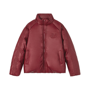 FORNINES三防皮面羽绒服男冬季情侣白鸭绒面包服潮牌红色厚外套女