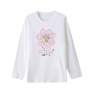 早秋纯棉白色长袖t恤女款圆领内搭上衣宽松大码显瘦遮肚子打底衫