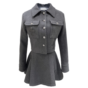 熊熊屋【叛逆学姐】减龄学院风 50羊毛深灰外套 百褶半裙 JK套装