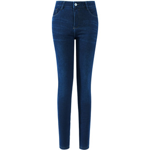 捷纯加厚羊毛绒保暖裤冬季新款高腰四面弹力修身铅笔加绒牛仔裤女