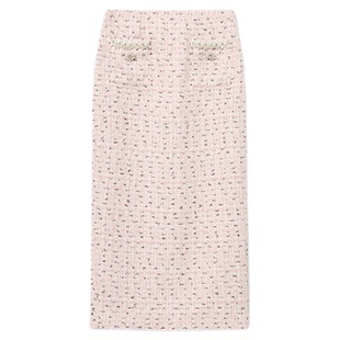 self-portrait 2025春夏红粉混色粗花呢小香风包臀半裙中长裙