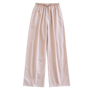 简约纯棉条纹睡裤女长裤宽松直筒可外穿春秋薄款水洗棉布家居裤子