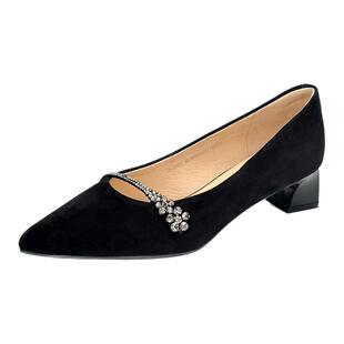 COMELY康莉2026新款尖头粗跟水钻一字带浅口单鞋不累脚女KYQ61101