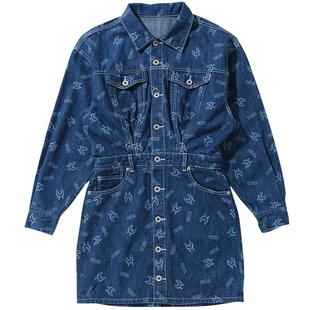 BAPE女装春夏满幅同色系鲨鱼WGM字母印花牛仔色长袖连衣裙235504G