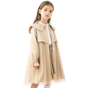 女童英伦风衣2025秋季儿童外套洋气韩版网纱拼接中长款童装上衣