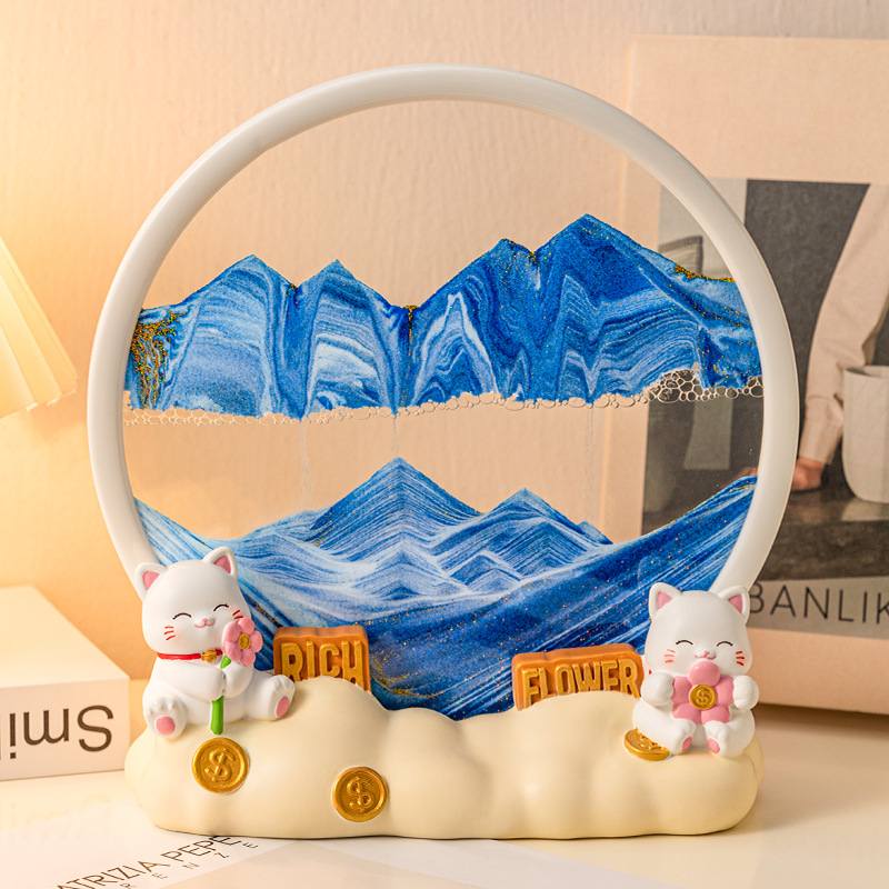 创意招财猫流沙画客厅摆件装饰沙漏礼物办公室山水画立体3D酒柜
