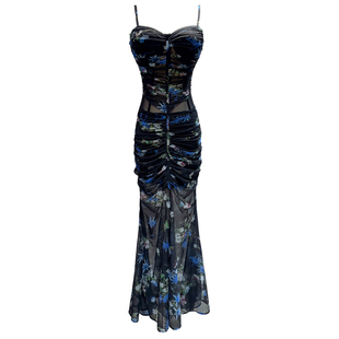 熊熊屋【蝶恋花】神秘性感黑底繁花修身透视包臀鱼尾连衣裙