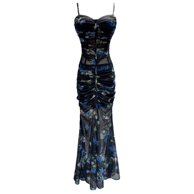 熊熊屋【蝶恋花】神秘性感黑底繁花修身透视包臀鱼尾连衣裙