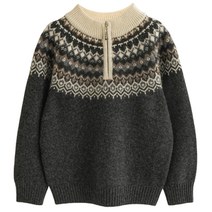 洪叶云台100%山羊绒毛衣男童复古北欧费尔岛风半拉链套衫加厚保暖