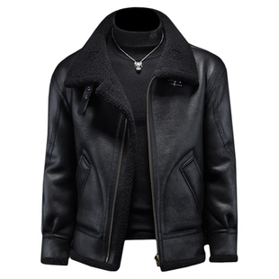 皮毛一体男士冬季大码加绒加厚皮衣短款机车服皮袄男装羊羔毛外套