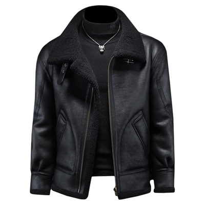 皮毛一体男士冬季大码加绒加厚皮衣短款机车服皮袄男装羊羔毛外套