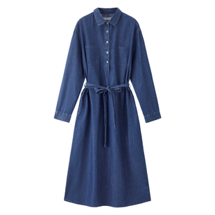 佐丹奴2026年春季新款纯棉薄款口袋绑带翻领牛仔连衣裙女13465869