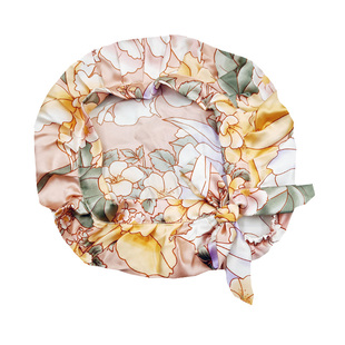 新品桑蚕丝素绉缎产妇月子打褶系带可调节舒适护发长发真丝睡帽女