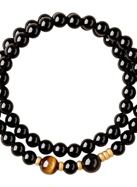 天然黑曜石叠戴手串虎眼石手链
