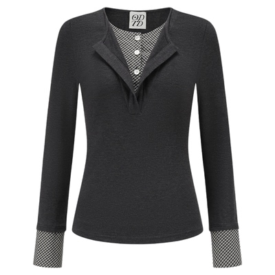 撞色格子针织假两件亨利衫