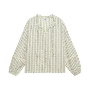 LLANO麻花绳条纹衬衫复古浪漫泡泡袖松弛度假风上衣衬衣女秋冬季