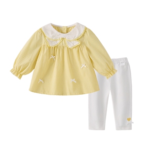 女童套装春款格纹法式衣服娃娃领梭织儿童蝶结宝宝春装两件套女孩