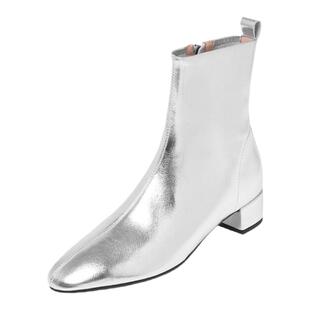 春秋银色金色小香风平跟短靴真皮炸街小靴子女鞋小码模特走秀单靴