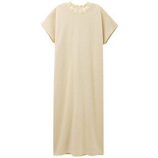 无谓气质花边领连衣裙女2025夏季新款女装宽松短袖显瘦纯色直筒裙