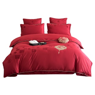 LANSWAY简约中式婚庆床品四件套全棉金扇子刺绣红色结婚被套床单