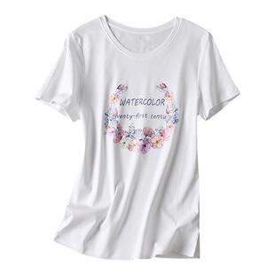 白色t恤女2026新款丝光棉印花短款上衣女纯棉白色圆领短袖t恤女夏