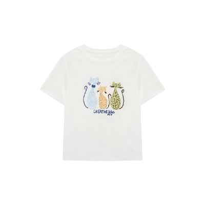 Basic House/百家好韩系猫咪印花t恤女夏季新款修身上衣正肩短袖