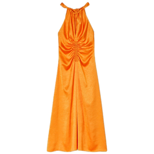 SANDRO Outlets春夏女装法式气质亮橘色抽褶挂脖无袖长款连衣裙