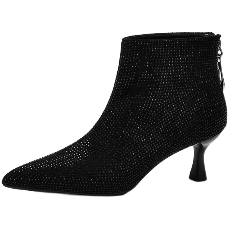 尖头水钻短靴女2025年新款秋款细跟高跟鞋小个子靴子名媛春秋单靴