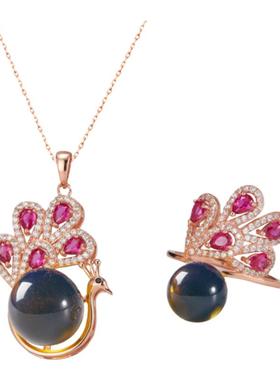 网红汉服女指环同款中国风配饰二代合成蓝珀蜜蜡首饰孔雀锁骨戒指