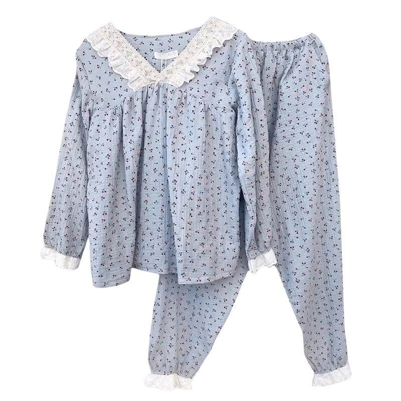 日系ins睡衣女生款秋季套头新款长袖家居服休闲两件套装蕾丝樱桃