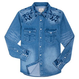 非RRL 美式复古音乐家花卉刺绣西部牛仔衬衫做旧春秋加厚长袖衬衣