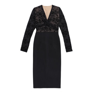 instahot 御姐性感v领扭结蕾丝长袖连衣裙女秋冬设计感气质长裙