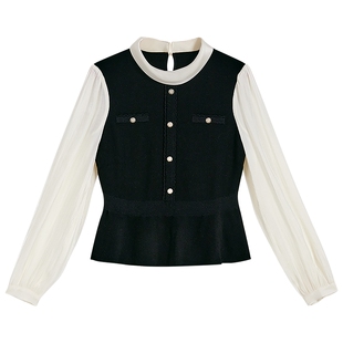 YINER音儿专选2026春季新款优雅礼帽领撞色假两件羊毛混纺针织衫